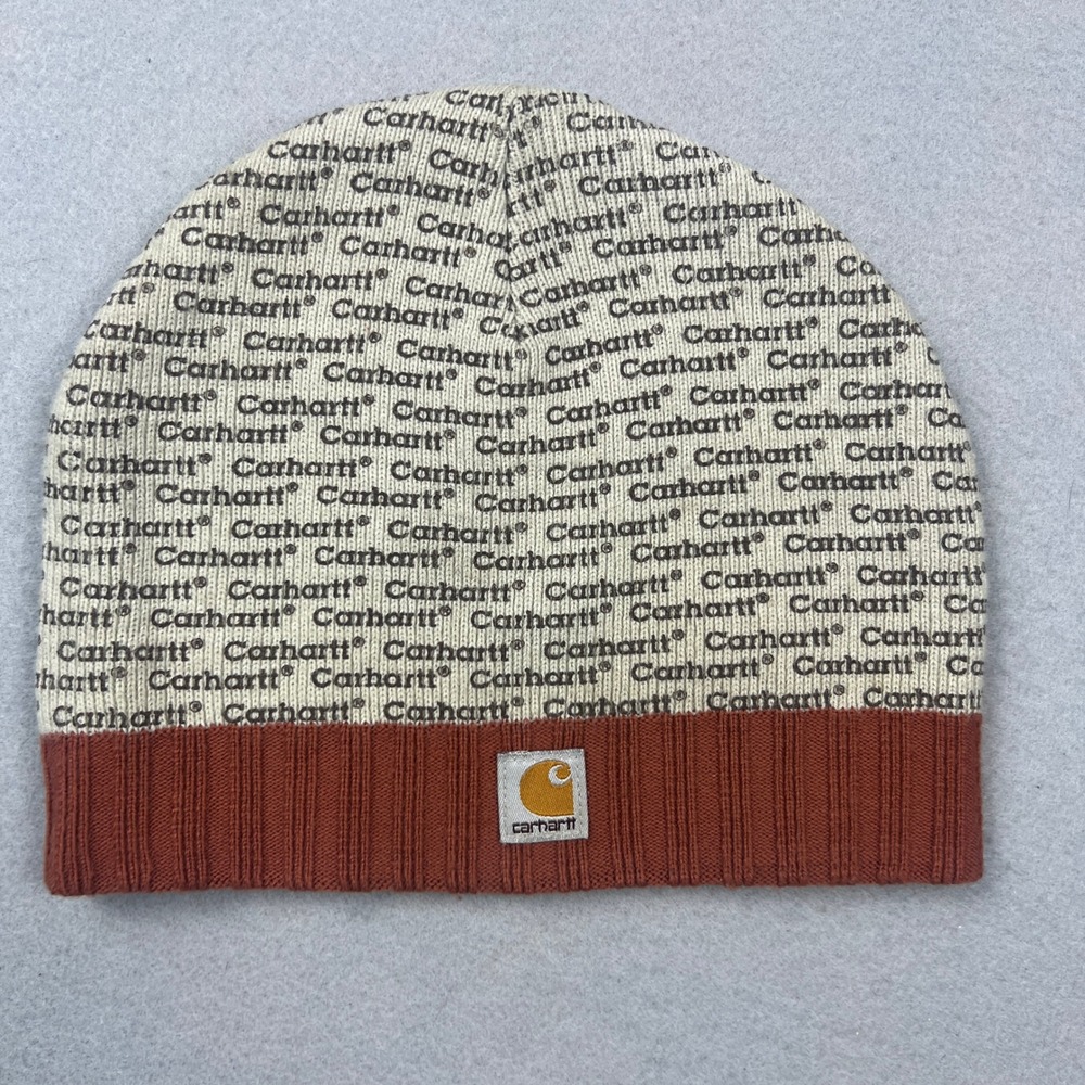 Carhartt Beanie Hat AOP Cream Orange Logo Knit Winter Streetwear RARE Collectors